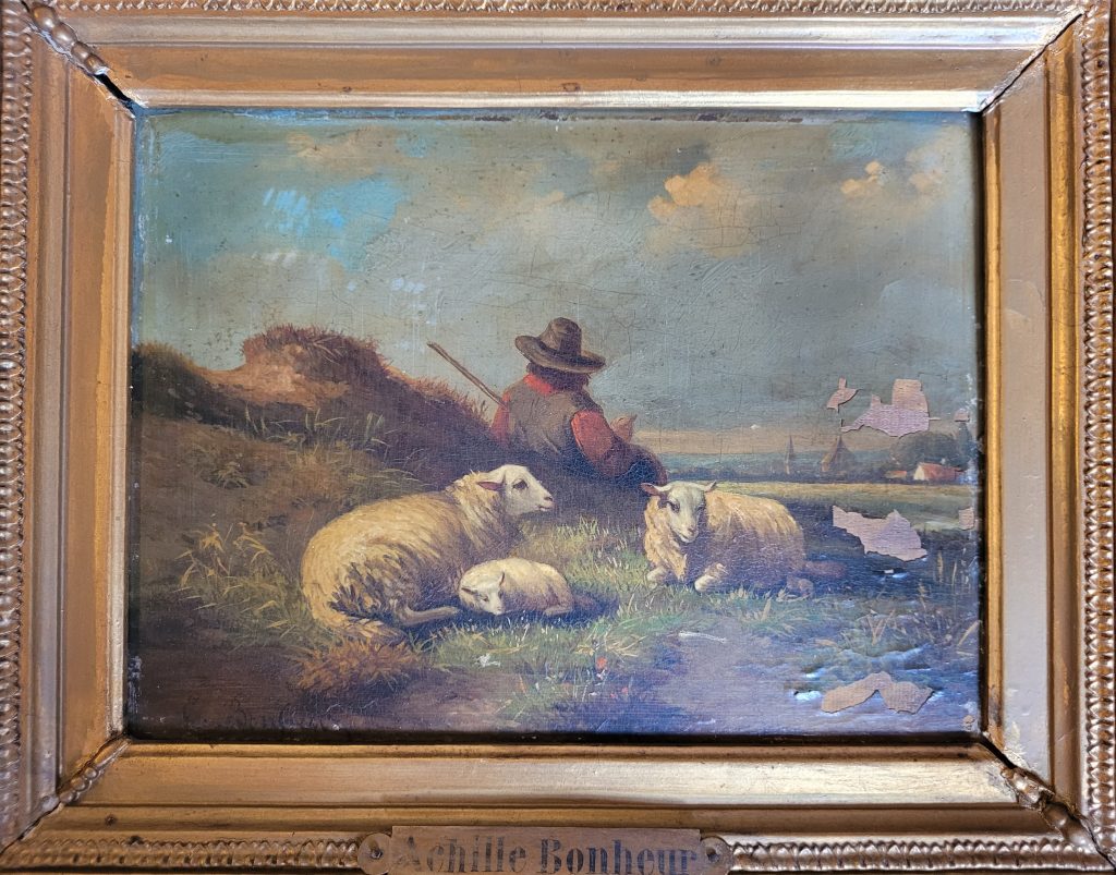 Restauration par Manuela Casedevant du tableau Berger et moutons, photo avant restauration