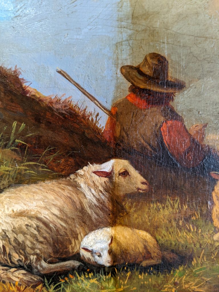 Restauration par Manuela Casedevant du tableau Berger et moutons, photo en cours de nettoyage