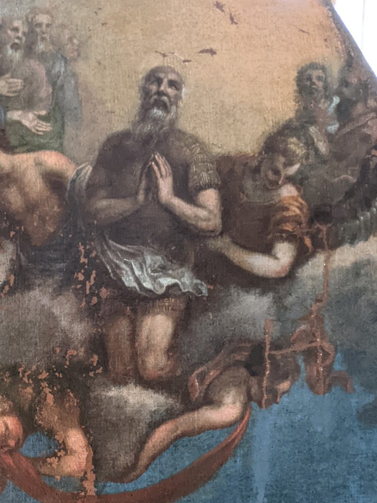 Saint-Antoine à genoux, détail du groupe dans les cieux, après dévernissage et masticage de la déchirure